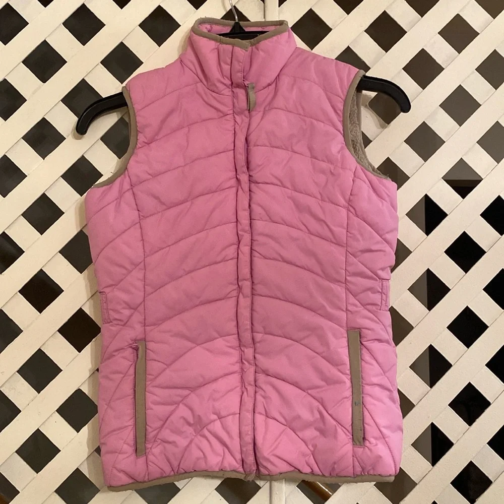 Lands’ End Girls Fleece Lined Vest Pink Cotton Candy Size 7/8 Zip Pockets Warm